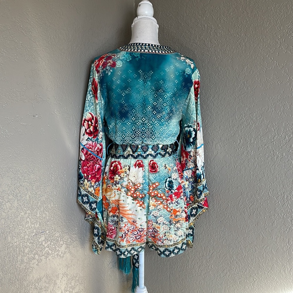 Camilla Teal Floral Print Short Romper with Kimono Sleeves - Picture 6 of 12